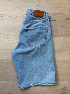 Sandro Light Blue Denim Shorts with Leather Patch